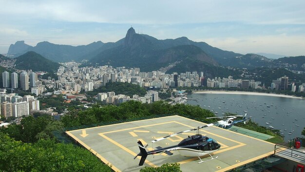 High angle view of buildings in city against sky