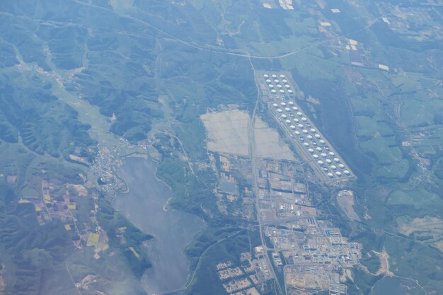 High angle view of buildings and landscape