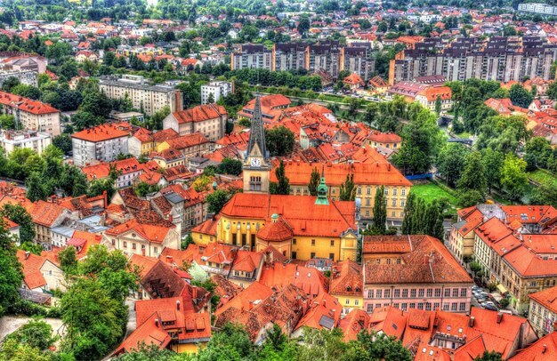 High angle view of buildings in town