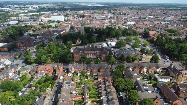 High angle view of buildings in town