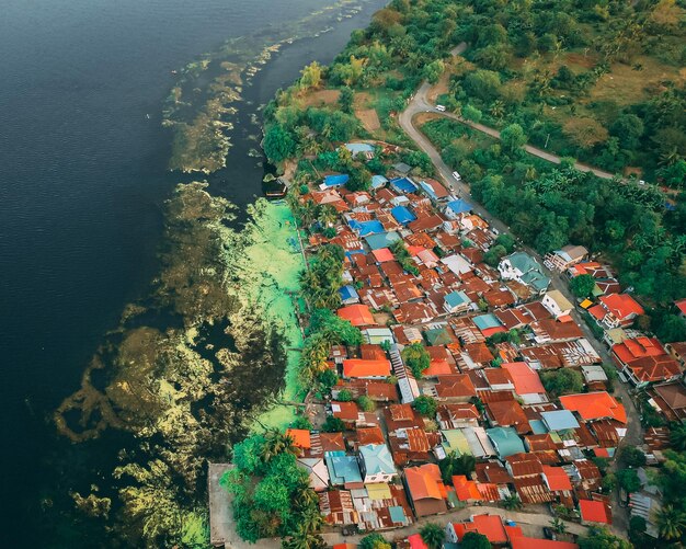 High angle view of buildings in water