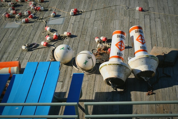 High angle view of buoys in boat