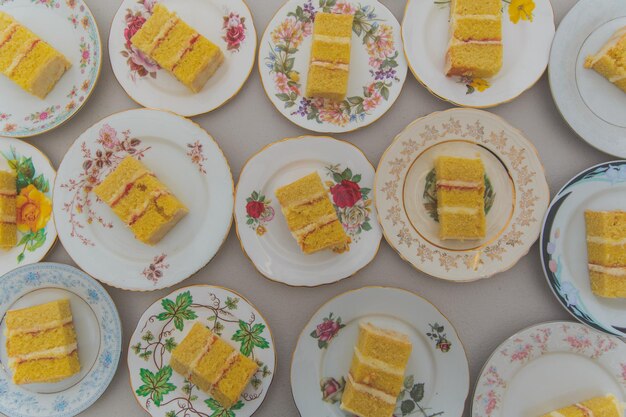 High angle view of cake in plates on table