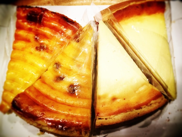 High angle view of cake slices arranged in plate