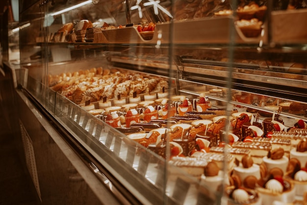 high angle view of cakes in bakery