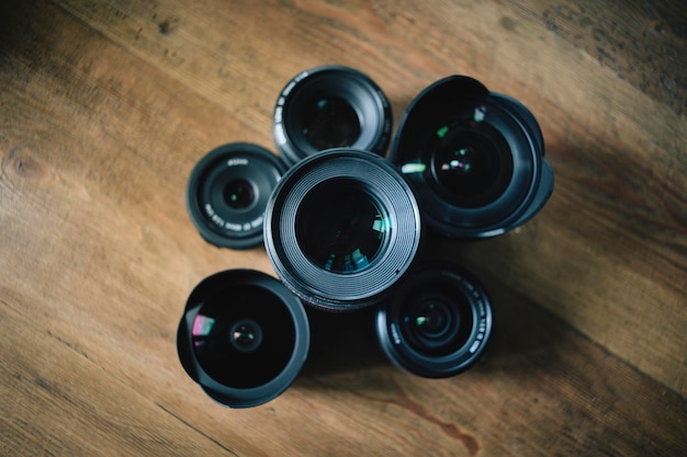 High angle view of camera on table