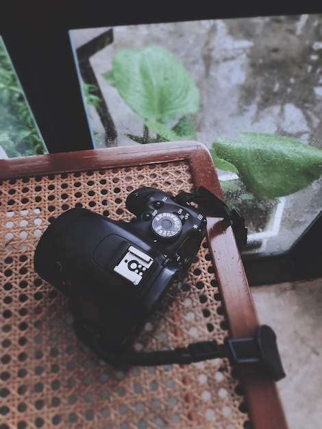 High angle view of camera on table