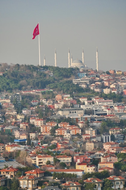 High angle view of Camlica Mosque and turkey flag