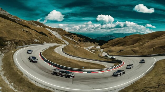 High angle view of cars on the curvy road surrounded by hills covered in greenery in switzerland