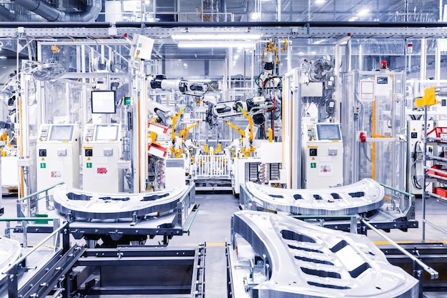 High angle view of cars in factory