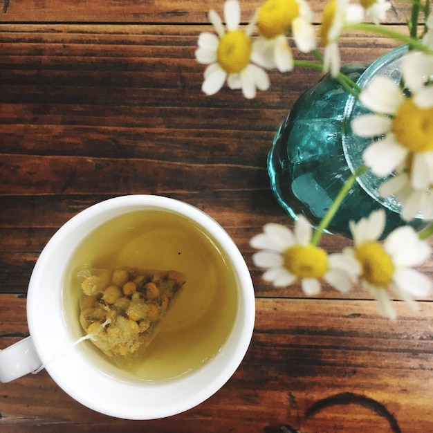 high angle view of chamomile tea