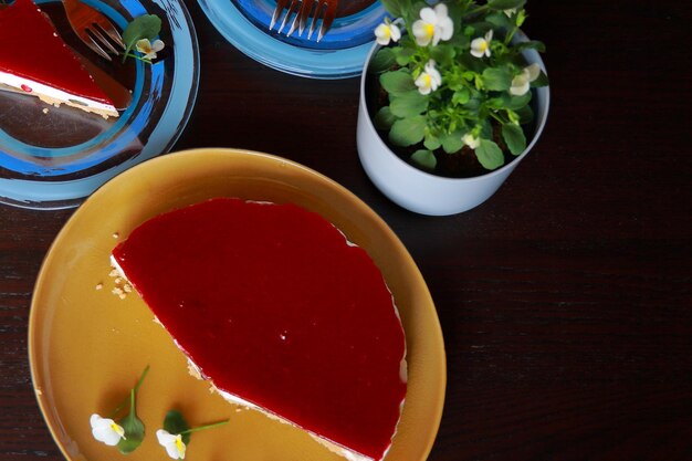 High angle view of cheesecake on table