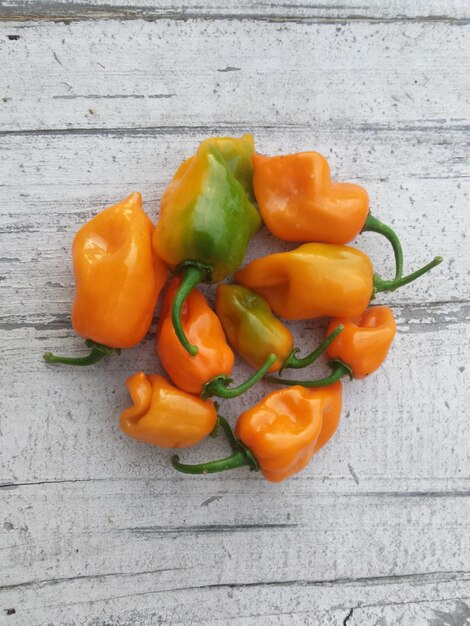 High angle view of chili pepper on table