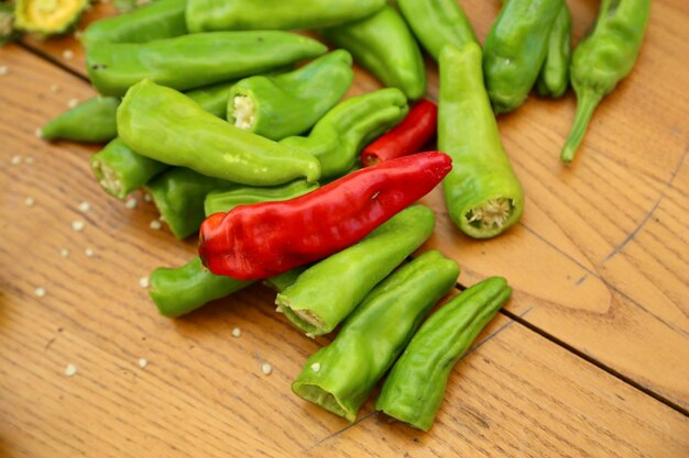 High angle view of chili peppers on table