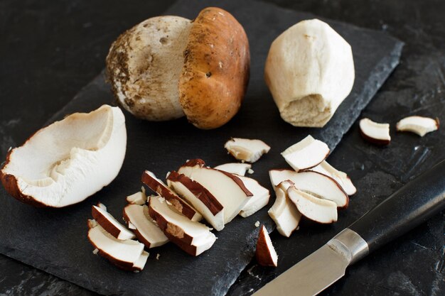 High angle view of chopped bread on cutting board