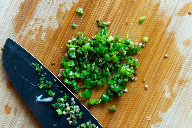 High angle view of chopped chili on table