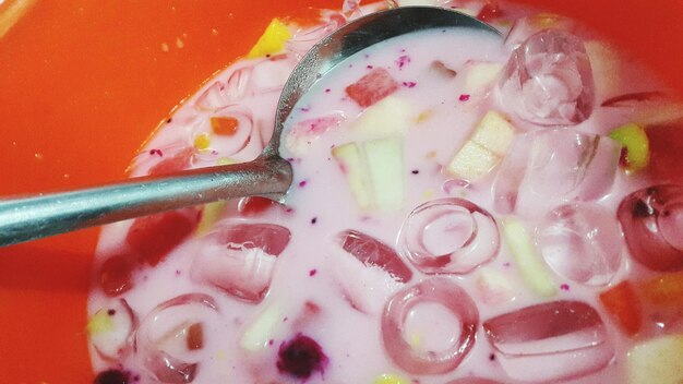 High angle view of chopped fruits in bowl