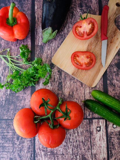 High angle view of chopped vegetables on cutting board