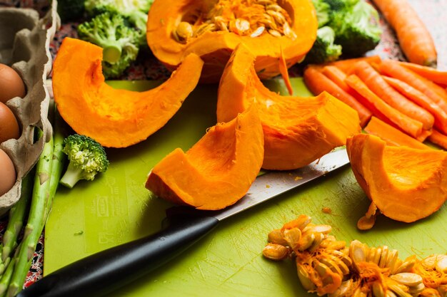 High angle view of chopped vegetables on cutting board