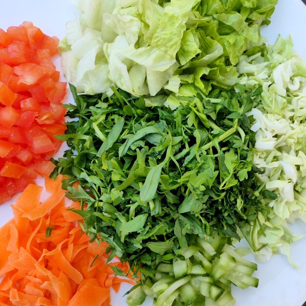 High angle view of chopped vegetables in plate