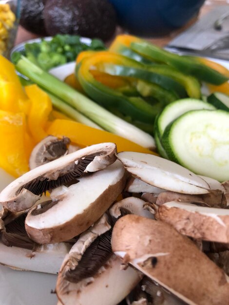 High angle view of chopped vegetables on table