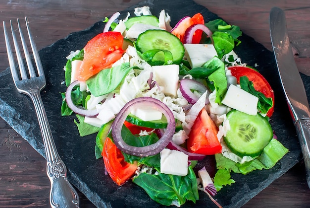 High angle view of chopped vegetables on table