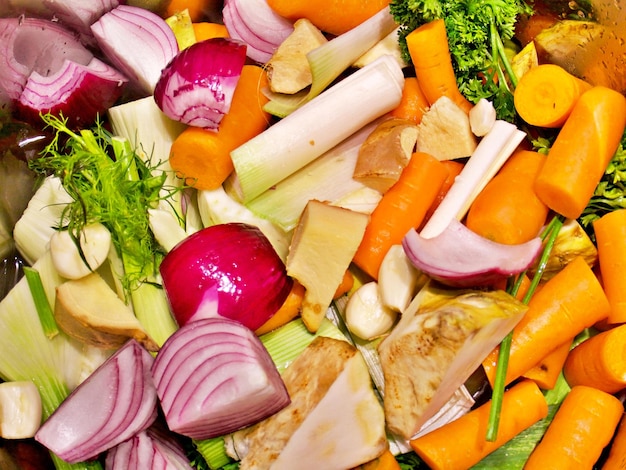 High angle view of chopped vegetables