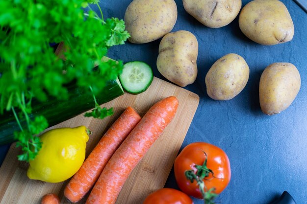 High angle view of chopped veggis on table