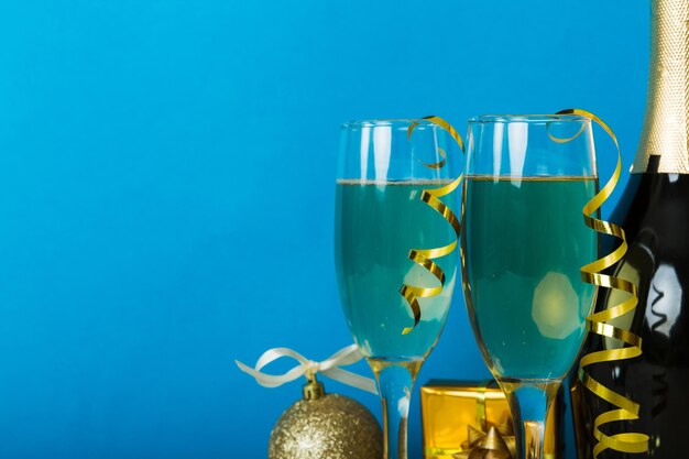 High angle view of christmas decoration on blue background