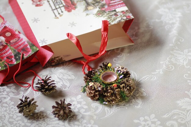 High angle view of christmas decoration on table