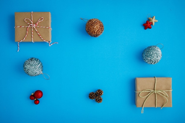 High angle view of christmas decorations on blue table