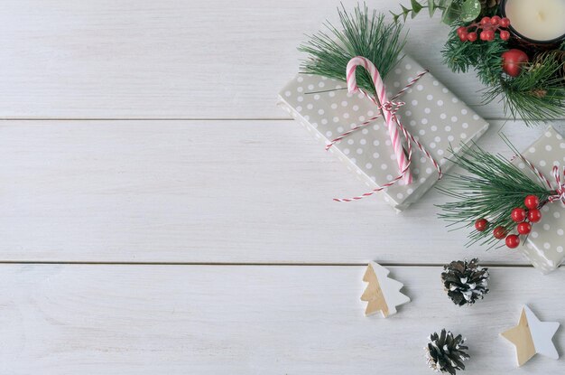 High angle view of christmas decorations on table