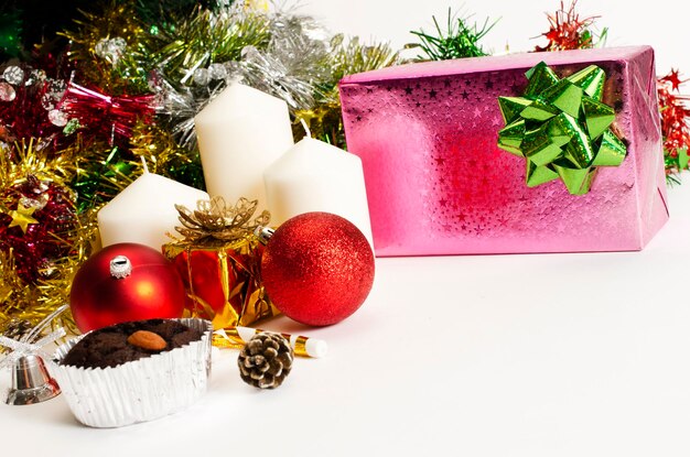 High angle view of christmas decorations on table