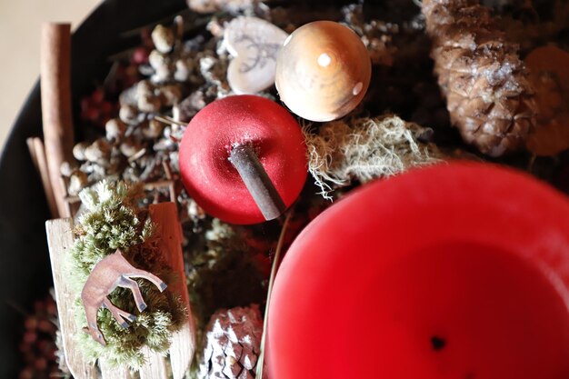 High angle view of christmas decorations on table