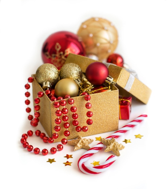 High angle view of christmas decorations over white background