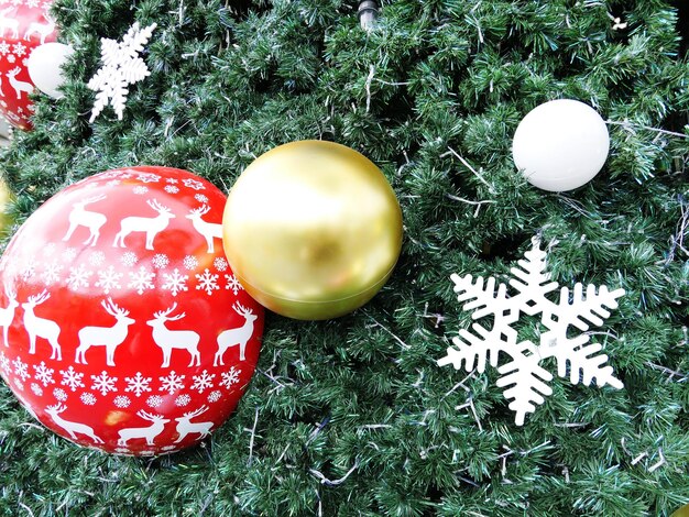 High angle view of christmas ornaments on grass