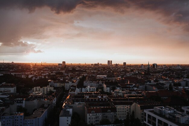 High angle view of city buildings during sunset