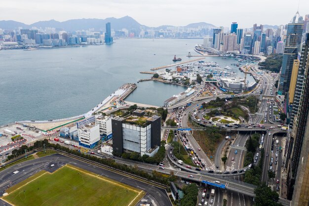 High angle view of city buildings