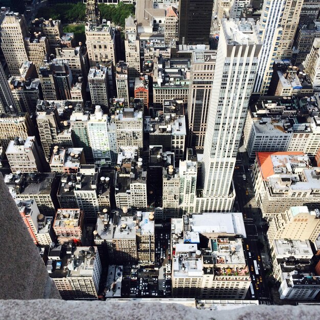 High angle view of city buildings