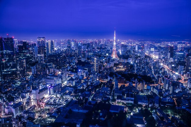 High angle view of city lit up at night