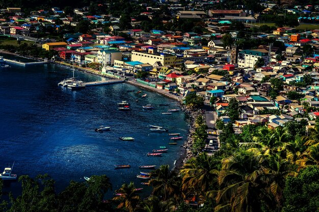 High angle view of city at seaside