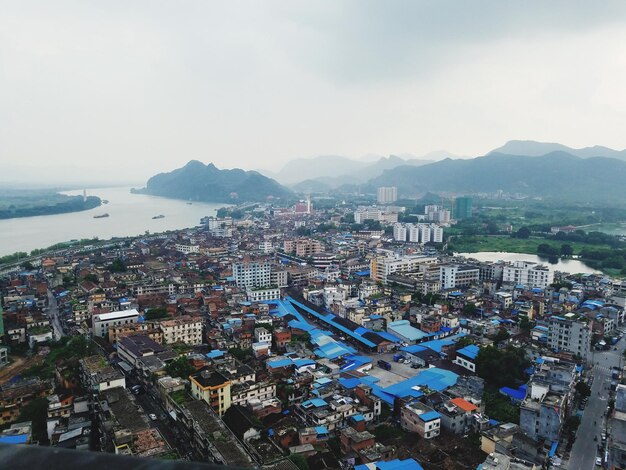 High angle view of city at seaside