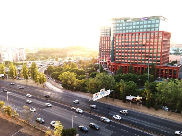 High angle view of city street against sky