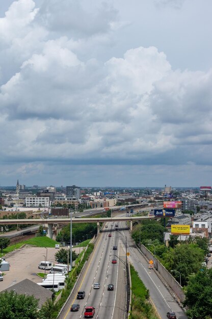 High angle view of city street against sky