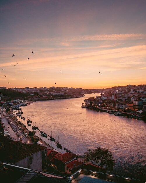 High angle view of city at sunset