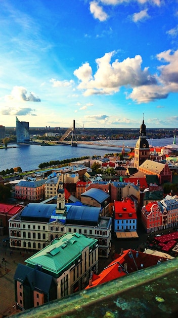 High angle view of city at waterfront