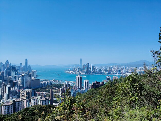 High angle view of cityscape against clear blue sky