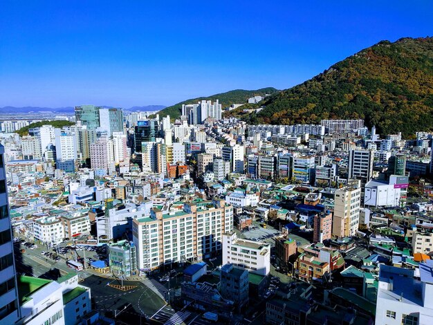 High angle view of cityscape against clear sky