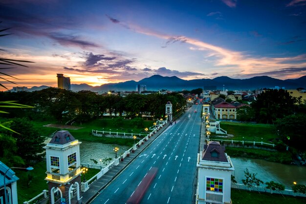 High angle view of cityscape against sky during sunset