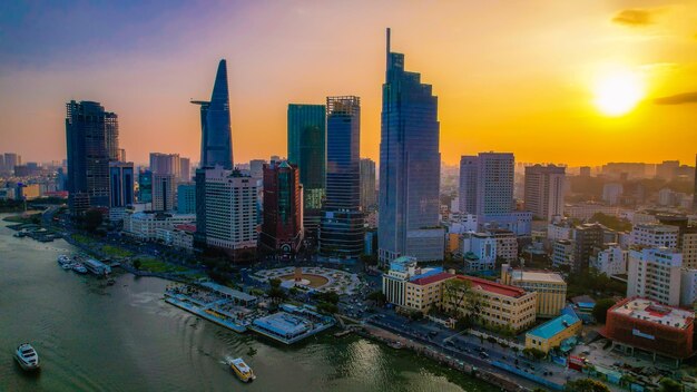 High angle view of cityscape against sky during sunset